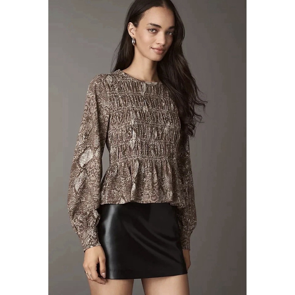 Pilcro Long-Sleeve Med Smocked Top Anthropologie Printed Pullover Ruffle Blouse
